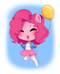 Size: 1296x1579 | Tagged: safe, artist:misssqueorge, imported from derpibooru, part of a set, pinkie pie, anthro, earth pony, ambiguous facial structure, balloon, blushing, chibi, clothes, cute, diapinkes, eyes closed, female, happy, open mouth, party balloon, smiling, socks, solo, stockings, thigh highs