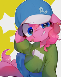 Size: 1105x1396 | Tagged: safe, artist:lexiedraw, imported from derpibooru, pinkie pie, earth pony, pony, bandaid, baseball cap, cap, clothes, cute, diapinkes, female, hat, mare, ponk, smiling, solo