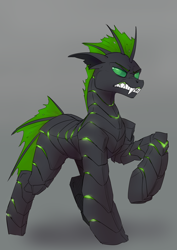 Size: 2480x3508 | Tagged: safe, artist:sexyflexy, artist:underpable, imported from derpibooru, oc, oc only, oc:villainshima, changeling, armor, colored, commission, exoskeleton, fangs, green changeling, high res, sharp teeth, simple background, solo, teeth, white background