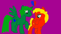 Size: 1280x720 | Tagged: safe, artist:kevan94, imported from derpibooru, oc, oc only, oc:edy, oc:kevan, alicorn, pegasus, pony, alicorn oc, couple, duo, edyan, heart, horn, married, married couple, needs more saturation, oc x oc, pregnant, shipping, simple background, wings