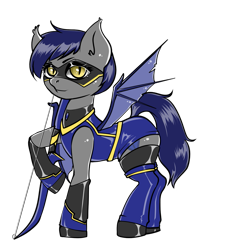 Size: 951x1040 | Tagged: safe, artist:leastways, imported from derpibooru, oc, oc only, oc:lapis, oc:sapphire the crystal archer, bat pony, pony, fallout equestria, bat pony oc, bow, bow (weapon), commission, simple background, sketch, solo, superhero, superhero costume, transparent background