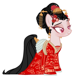 Size: 1280x1332 | Tagged: safe, artist:kellysweet1, imported from derpibooru, oc, oc only, earth pony, pony, bell, black hair, clothes, comb, ear piercing, earring, earth pony oc, eyeshadow, female, geisha, hair ornament, jewelry, kanzashi, kimono (clothing), makeup, mare, piercing, pink eyes, simple background, smiling, solo, tail wrap, transparent background