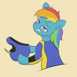 Size: 1080x1081 | Tagged: safe, artist:hayai, imported from derpibooru, rainbow dash, pegasus, pony, angry, boots, clothes, female, gloves, helmet, lidded eyes, looking at you, mare, motocross outfit, motorcross, shoes, simple background, solo, yellow background