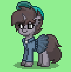 Size: 287x290 | Tagged: safe, imported from derpibooru, oc, oc only, oc:funky flare, pony, unicorn, ashes town, cap, clothes, ear piercing, gray eyes, gray mane, grey fur, hat, horn, long tail, piercing, simple background, skirt, solo, unicorn oc