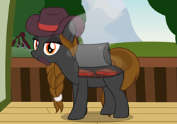 Size: 2531x1778 | Tagged: safe, alternate version, artist:badumsquish, derpibooru exclusive, imported from derpibooru, oc, oc only, oc:barbecutie, object pony, original species, pony, barbeque, braid, braided ponytail, cooking, cowboy hat, deck, female, food, fork, hat, high res, house, lidded eyes, looking at you, mare, meat, mouth hold, ponified, show accurate, smiling, smoke, solo, steak, thermometer