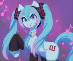 Size: 1634x1365 | Tagged: safe, artist:orchidpony, imported from derpibooru, kotobukiya, earth pony, pony, :p, abstract background, anime, bowtie, hatsune miku, headphones, kotobukiya hatsune miku pony, legwear, music notes, necktie, pigtails, ponified, solo, tongue out, vocaloid