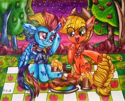 Size: 2659x2141 | Tagged: safe, artist:estrellasombria, imported from derpibooru, applejack, rainbow dash, earth pony, pegasus, pony, apple, apple tree, appledash, braided tail, bush, cider, cider mug, colored pencil drawing, complex background, cupcake, dusk, ear fluff, female, fetlock tuft, flower, food, grass, hair over one eye, high res, hoof on chest, hoof on head, lesbian, looking at someone, mug, night, older, older applejack, older rainbow dash, open mouth, outdoors, pear, pear tree, picnic, picnic blanket, shipping, sitting, smiling, smirk, starry night, traditional art, tree, zap apple, zap apple cake