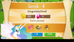 Size: 854x480 | Tagged: safe, imported from derpibooru, pinkie pie, princess celestia, alicorn, earth pony, pony, app, bits, crown, flower, flower pot, game, gameloft, gem, house, jewelry, mobile game, regalia, rose, scroll, smiling, tree