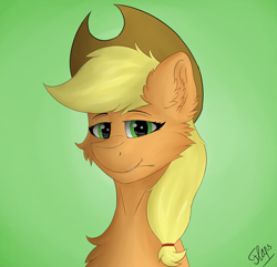 Size: 2938x2829 | Tagged: safe, artist:flapstune, imported from derpibooru, applejack, earth pony, pony, applejack's hat, bust, cheek fluff, chest fluff, cowboy hat, ear fluff, female, fluffy, green background, hat, high res, looking at you, mare, signature, simple background, smiling, solo