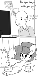 Size: 3000x6000 | Tagged: safe, artist:tjpones, imported from derpibooru, oc, oc only, oc:brownie bun, oc:richard, earth pony, human, pony, horse wife, adorasexy, belly button, black and white, comic, computer, cute, drink, female, grass, grayscale, herbivore, high res, hooves behind head, horses doing horse things, lidded eyes, lying down, male, mare, monochrome, mouth hold, offscreen character, on back, sexy, toothpick
