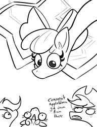 Size: 3000x3904 | Tagged: safe, artist:tjpones, imported from derpibooru, apple bloom, applejack, scootaloo, sweetie belle, earth pony, pegasus, pony, unicorn, black and white, cutie mark crusaders, female, filly, grayscale, high res, impossibly long neck, lineart, long horse, long neck, looking up, mare, monochrome, not salmon, simple background, wat, white background