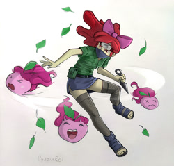 Size: 1128x1080 | Tagged: safe, artist:vyazinrei, imported from derpibooru, apple bloom, human, spoiler:comic, apple pinkie, bandana, clothes, cosplay, costume, eyes closed, humanized, jumping, kunoichi, mask, miniskirt, naruto, ninja, sandals, skirt, socks, stockings, thigh highs, toes, weapon