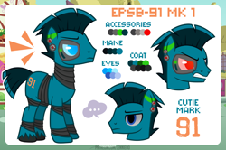 Size: 1200x798 | Tagged: safe, artist:jennieoo, imported from derpibooru, oc, oc only, oc:epsb-91 mk 1, earth pony, pony, robot, robot pony, angry, palindrome get, reference, reference sheet, show accurate, solo