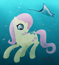 Size: 1824x2000 | Tagged: safe, artist:kennyqt, imported from derpibooru, fluttershy, fish, pegasus, pony, blue background, blue eyes, bubble, crepuscular rays, cute, daaaaaaaaaaaw, female, manta ray, ocean, shyabetes, signature, simple background, smiling, solo, underwater, water, watershy, wings