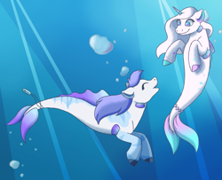 Size: 2646x2153 | Tagged: safe, artist:cup-of-chai, imported from derpibooru, oc, oc only, hybrid, merpony, pony, seapony (g4), unicorn, blue eyes, bubble, eyes closed, fish tail, flowing mane, high res, horn, looking at each other, open mouth, seaponified, seashell, smiling, species swap, swimming, tail, underwater