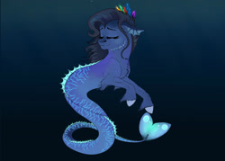 Size: 2898x2070 | Tagged: safe, artist:littlewhispurr, imported from derpibooru, oc, oc only, hybrid, merpony, seapony (g4), auction, blue background, crepuscular rays, eyes closed, feather, female, fish tail, high res, ocean, signature, simple background, smiling, solo, tail, underwater, water