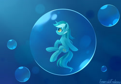 Size: 1920x1336 | Tagged: safe, alternate version, artist:emeraldgalaxy, imported from derpibooru, lyra heartstrings, pony, unicorn, blue background, bubble, crepuscular rays, female, horn, in bubble, looking up, ocean, signature, simple background, smiling, solo, underwater, water, yellow eyes