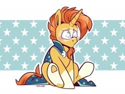 Size: 1965x1486 | Tagged: safe, alternate version, artist:lrusu, imported from derpibooru, sunburst, pony, unicorn, blushing, cloak, clothes, coat markings, glasses, male, sitting, socks (coat markings), solo, stallion, sunburst's cloak, sunburst's glasses, underhoof