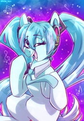 Size: 1423x2048 | Tagged: safe, artist:lrusu, imported from derpibooru, kotobukiya, earth pony, pony, anime, cute, hatsune miku, headphones, kotobukiya hatsune miku pony, necktie, ponified, vocaloid