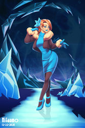 Size: 960x1440 | Tagged: safe, artist:nifaumo, imported from derpibooru, velvet reindeer, human, them's fightin' herds, blue background, blue dress, blue lipstick, clothes, coat, community related, dress, female, gloves, hair ornament, high heels, humanized, ice, lipstick, shoes, simple background, solo, velvet (tfh)