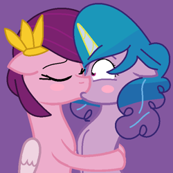 Size: 578x579 | Tagged: safe, artist:blitsazalisdash, artist:jadeharmony, artist:jadethepegasus, imported from derpibooru, izzy moonbow, pipp petals, pegasus, pony, unicorn, base used, blushing, eyes closed, female, french kiss, g5, hug, izzypipp, kissing, lesbian, mare, purple background, shipping, simple background, surprise kiss, surprised