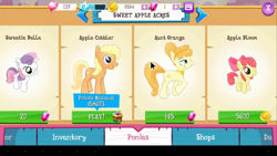 Size: 854x480 | Tagged: safe, imported from derpibooru, apple bloom, apple cobbler, aunt orange, sweetie belle, earth pony, pony, unicorn, app, apple family member, arrow, bits, crystal, female, filly, game, gameloft, gem, heart, minecart, mobile game, stars, store