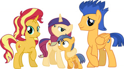 Size: 1280x711 | Tagged: safe, artist:harmonyguard, imported from derpibooru, flash sentry, sunset shimmer, oc, unicorn, family, female, flashimmer, male, offspring, parent:flash sentry, parent:sunset shimmer, parents:flashimmer, shipping, straight