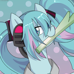 Size: 1200x1200 | Tagged: safe, artist:chickenbrony, artist:cottonaime, imported from derpibooru, kotobukiya, pony, anime, food, hatsune miku, headphones, herbivore, ievan polkka, kotobukiya hatsune miku pony, leek, looking at you, mouth hold, ponified, solo, vocaloid