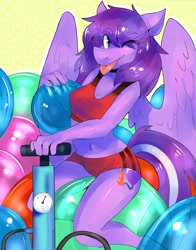 Size: 1002x1280 | Tagged: safe, artist:amethystdust, imported from ponybooru, oc, oc:sweetsqueaks, anthro, pegasus, air pump, clothes, female, inflatable toy, latex, looking at you, mare, one eye closed, simple background, solo, sports bra, sports outfit, sports panties, tongue out, wink, winking at you, yellow background