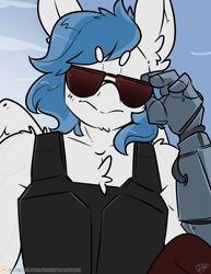 Size: 2550x3300 | Tagged: safe, artist:bbsartboutique, imported from ponybooru, oc, oc only, oc:delta dart, anthro, hippogriff, bionic arm, clothes, cyberpunk 2077, hippogriff oc, johnny silverhand, patreon, patreon reward, sunglasses