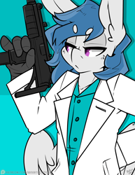 Size: 2550x3300 | Tagged: safe, artist:bbsartboutique, imported from ponybooru, oc, oc only, oc:delta dart, hippogriff, 1980's, clothes, gun, hippogriff oc, patreon, patreon logo, patreon reward, submachinegun, suit, talons, uzi, weapon