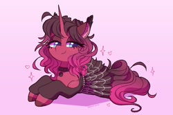 Size: 1434x958 | Tagged: safe, artist:dawnfire, oc, oc only, oc:garnet midnight, pony, unicorn, clothes, collar, dress, ear fluff, female, freckles, heart, horn, lidded eyes, mare, shoulder freckles, signature, smiling, solo, sparkles, unicorn oc