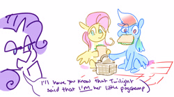 Size: 2549x1414 | Tagged: safe, artist:dawnfire, fluttershy, rainbow dash, rarity, pegasus, pony, unicorn, basket, dialogue, eating, female, food, horn, lidded eyes, mare, my little pogchamp, picnic, picnic basket, picnic blanket, sandwich, spread wings, trio, wings