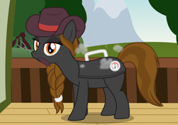 Size: 2531x1778 | Tagged: safe, artist:badumsquish, derpibooru exclusive, imported from derpibooru, oc, oc only, oc:barbecutie, object pony, original species, pony, barbeque, braid, braided ponytail, cooking, cowboy hat, deck, female, food, fork, hat, house, lidded eyes, looking at you, mare, mouth hold, ponified, show accurate, smiling, smoke, solo, thermometer