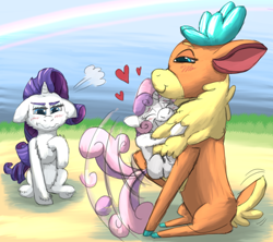 Size: 1458x1296 | Tagged: safe, artist:firefanatic, imported from derpibooru, rarity, sweetie belle, velvet reindeer, deer, pony, reindeer, unicorn, them's fightin' herds, behaving like a dog, blushing, chest fluff, chest fluff envy, community related, cute, diasweetes, envy, floating heart, fluffy, heart, hug, jealous, smug, tail, tail wag, velvet (tfh)