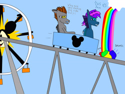 Size: 3264x2448 | Tagged: safe, artist:bluebatbirb, imported from derpibooru, oc, oc:devin, oc:stardust(cosmiceclipse), clothes, cloud, disneyland, ferris wheel, friends, happy, high res, mickey mouse, rainbow, roller coaster, scared, socks