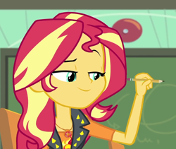 Size: 1280x1080 | Tagged: safe, imported from derpibooru, screencap, sunset shimmer, equestria girls, equestria girls series, the finals countdown, clothes, cropped, cutie mark, cutie mark on clothes, female, geode of empathy, magical geodes, smugset shimmer, solo