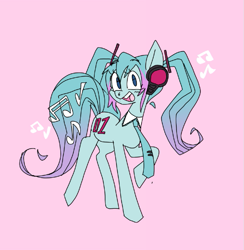 Size: 587x601 | Tagged: safe, artist:offbrandmage, imported from derpibooru, kotobukiya, pony, anime, hatsune miku, headphones, kotobukiya hatsune miku pony, necktie, open mouth, pink background, ponified, simple background, solo, vocaloid