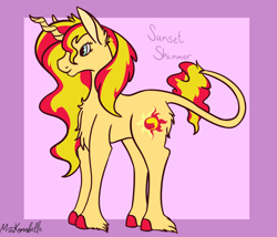 Size: 1750x1500 | Tagged: safe, artist:misskanabelle, imported from derpibooru, sunset shimmer, pony, unicorn, abstract background, female, hoof fluff, horn, leonine tail, mare, signature, solo