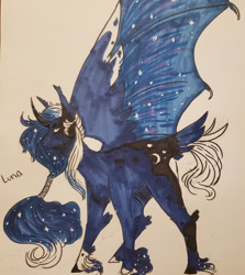 Size: 1280x1433 | Tagged: safe, artist:iaufeyson, imported from derpibooru, princess luna, alicorn, pony, female, hybrid wings, mare, solo, traditional art, unshorn fetlocks, wings