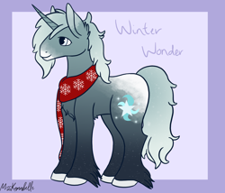 Size: 1750x1500 | Tagged: safe, artist:misskanabelle, imported from derpibooru, oc, oc only, oc:winter wonderland, pony, unicorn, abstract background, clothes, hoof fluff, horn, male, offspring, parent:double diamond, parent:sunset shimmer, parent:trixie, parents:doubletrix, scarf, signature, solo, sperm donation, stallion, unicorn oc