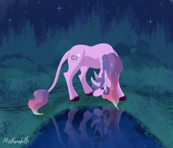 Size: 1750x1500 | Tagged: safe, artist:misskanabelle, imported from derpibooru, oc, oc only, oc:aurora star, classical unicorn, pony, unicorn, cloven hooves, female, horn, leonine tail, mare, night, outdoors, pond, reflection, signature, stars, the last unicorn, unicorn oc, unshorn fetlocks