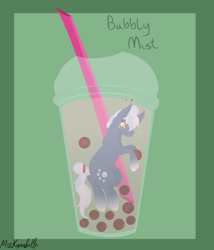 Size: 1500x1750 | Tagged: safe, artist:misskanabelle, imported from derpibooru, oc, oc only, earth pony, pony, abstract background, bubble tea, cup, cup of pony, earth pony oc, female, mare, micro, signature, solo