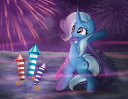 Size: 1860x1446 | Tagged: safe, artist:janelearts, imported from derpibooru, trixie, pony, unicorn, derpibooru, bipedal, bipedal leaning, cape, clothes, cloud, female, firecracker, fireworks, glow, glowing, ground, hooves up, leaning, mare, meta, missing accessory, night, raised hooves, safe tag milestone, solo, starry night, stars, trixie's cape
