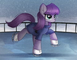 Size: 1860x1446 | Tagged: safe, artist:janelearts, imported from derpibooru, maud pie, earth pony, pony, ear fluff, female, ice skates, ice skating, mare, snow, snowfall, solo, winter