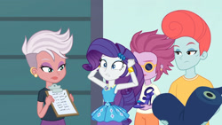 Size: 3410x1920 | Tagged: safe, imported from derpibooru, screencap, candyberry, pearl pompadour, pilot pearl, rarity, equestria girls, equestria girls series, rollercoaster of friendship, armpits, arms in the air, bracelet, clothes, cutie mark, cutie mark on clothes, female, geode of shielding, hairpin, hands in the air, jewelry, magical geodes, male, rarity peplum dress, stressed, unnamed character, unnamed human