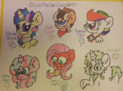 Size: 2598x1925 | Tagged: safe, artist:shelbi-cat, imported from derpibooru, oc, oc only, oc:apple sugar, oc:candy apple, oc:cotton candy, oc:peridot, oc:rainbow cloud, oc:starlight bright, alicorn, dracony, dragon, earth pony, hybrid, pegasus, pony, unicorn, bust, interspecies offspring, next generation, offspring, parent:applejack, parent:big macintosh, parent:caramel, parent:comet tail, parent:fluttershy, parent:pinkie pie, parent:pokey pierce, parent:rainbow dash, parent:rarity, parent:soarin', parent:spike, parent:twilight sparkle, parents:carajack, parents:cometlight, parents:fluttermac, parents:pokeypie, parents:soarindash, parents:sparity, traditional art