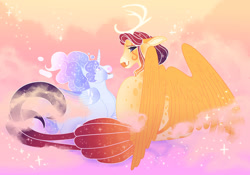 Size: 1280x896 | Tagged: safe, artist:felinenostalgic, imported from derpibooru, oc, oc only, oc:daydream, oc:lacuna, alicorn, deer, deer pony, original species, peryton, pony, duo, ethereal mane, ethereal tail, interspecies offspring, offspring, parent:king aspen, parent:princess celestia, parent:princess luna, parent:shining armor, parents:aspenlestia, parents:shiningluna, starry mane, tail feathers