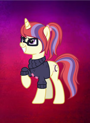 Size: 948x1298 | Tagged: safe, artist:lucymarie2000, imported from derpibooru, moondancer, pony, unicorn, clothes, female, glasses, gradient background, mare, redesign, solo, sweater