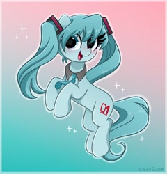 Size: 3935x4096 | Tagged: safe, artist:kittyrosie, imported from derpibooru, kotobukiya, earth pony, pony, anime, cute, cute pony, female, gradient background, hatsune miku, headphones, kotobukiya hatsune miku pony, mare, necktie, open mouth, ponified, solo, vocaloid